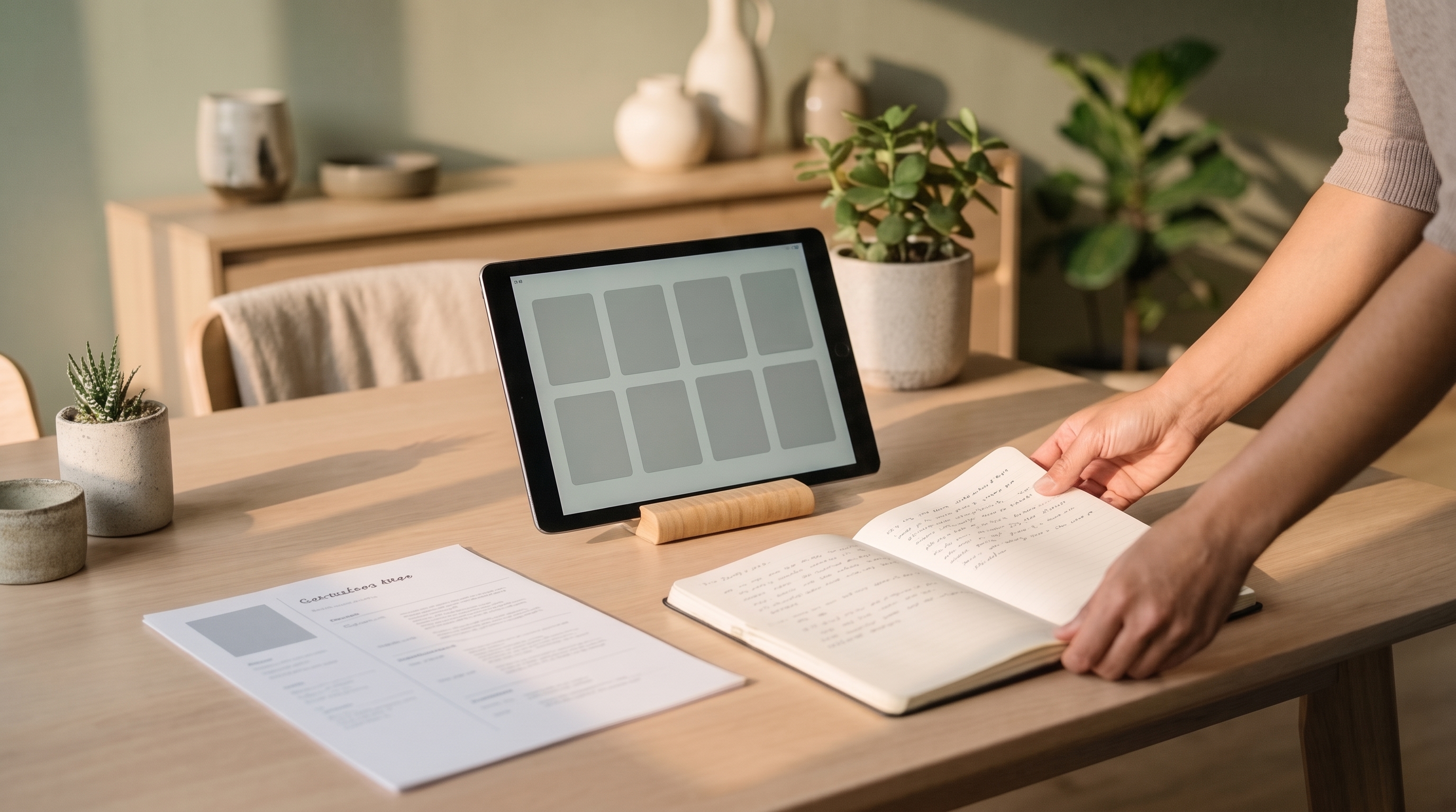 Las tres salidas de siempre sobre la mesa: una hoja de vida, una plataforma en la pantalla y un cuaderno de anotaciones