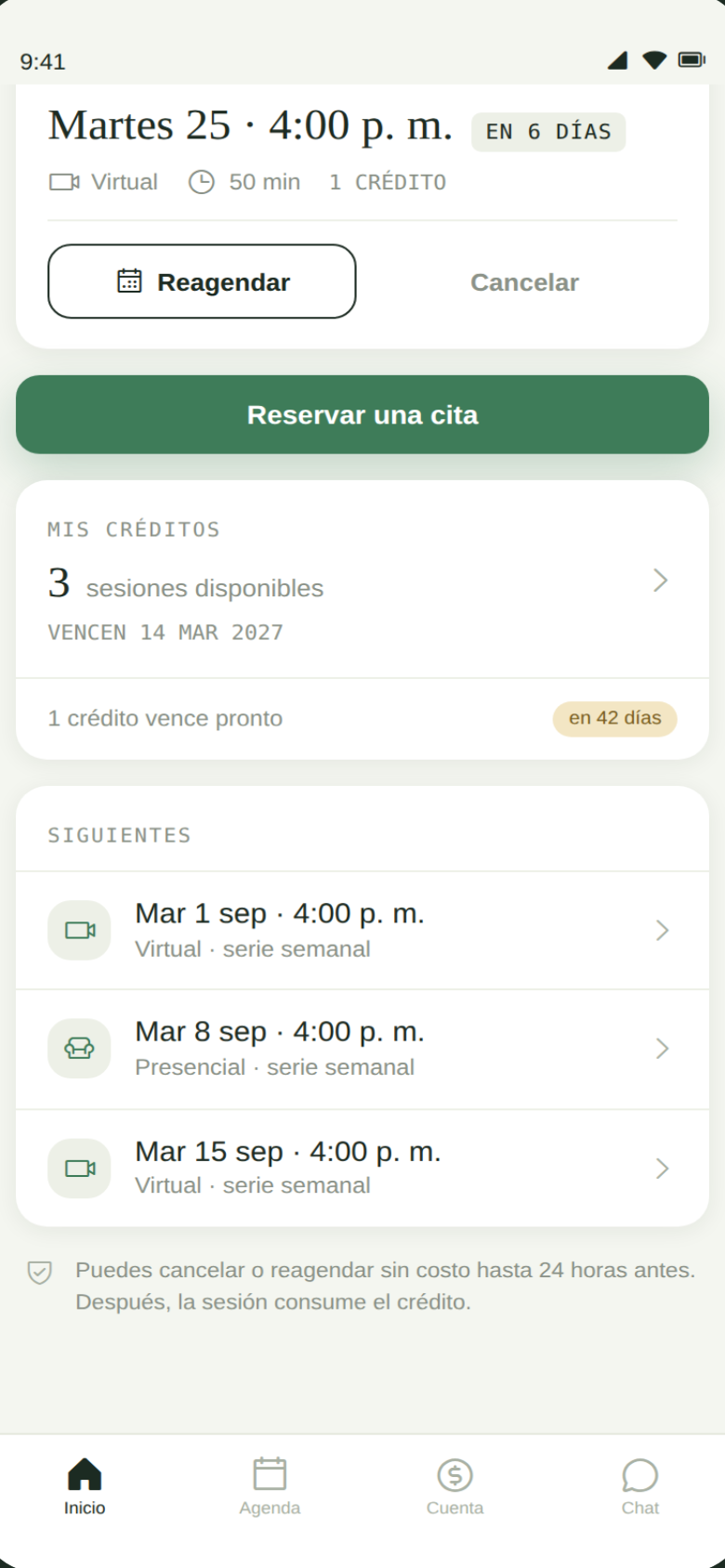 Portal del paciente con su próxima cita y sus créditos
